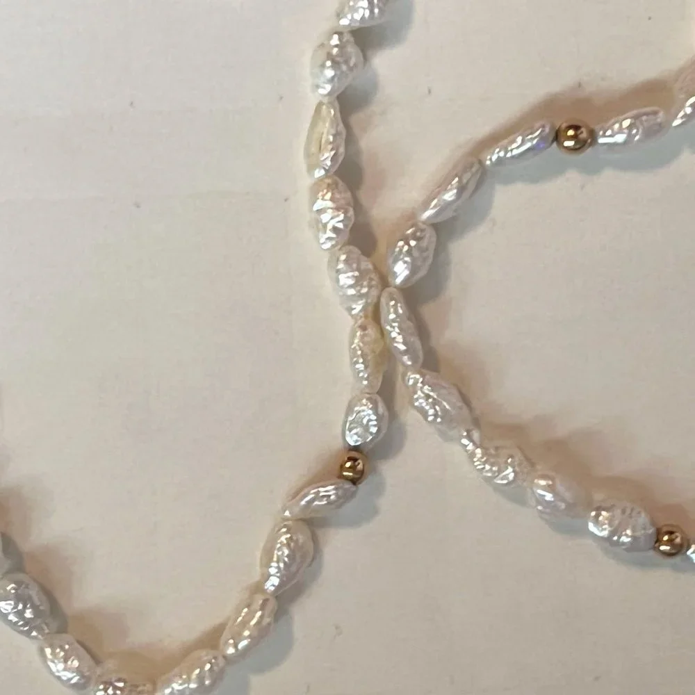 14KT Gold Ball Beaded Freshwater Rice Pearl Necklace - Picture 3 of 4